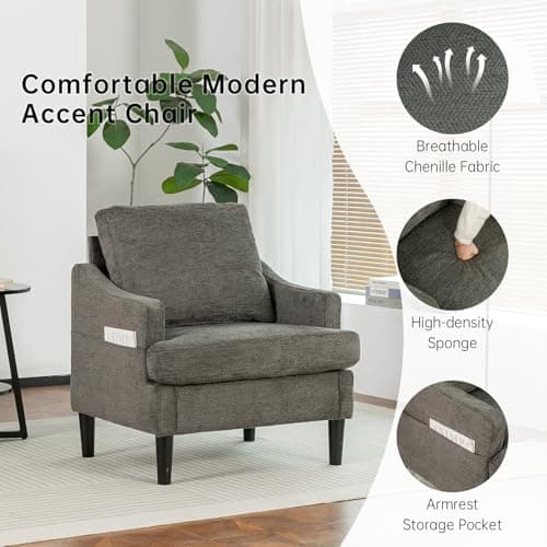 XYPFURN Accent Chairs Set of 2 for Living Room, Mid Century Modern Reading Chair with Side Storage Pocket, Comfy Upholstered Armchair with Solid Wood Legs for Bedroom, Office, Waiting Room (Gray) - Thumbnail 3