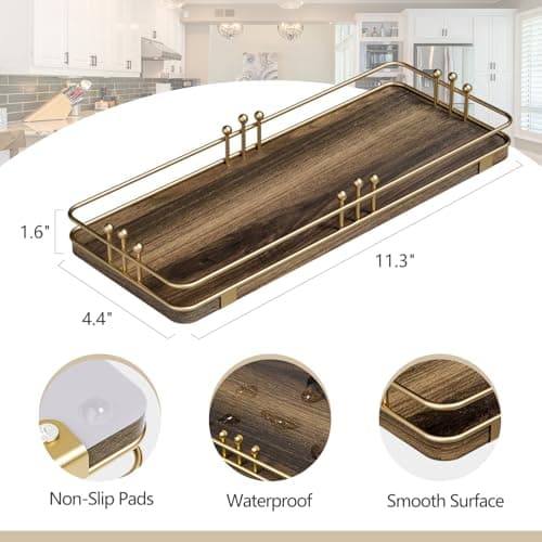 Pursura Bathroom Vanity Tray for Countertop Toiletries Perfume Makeup Soap Dispenser Toilet Tank, Kitchen Tray for Salt Spice, Decor Tray for Candle Nightstand Coffee 11.3”x 4.4” Brown-Gold - Thumbnail 2