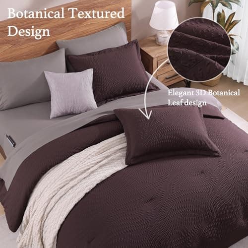 Geniospin Twin Comforter Set - 5 Pieces Purple Bedding Set, Botanical Textured Comforter Set, All Season Comfortable Bed in a Bag with Comforter, Sheets, Pillowcase & Sham - Thumbnail 5
