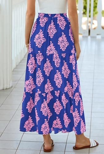 BTFBM Long Skirts for Women Summer 2026 Elastic High Waist Flowy A Line Casual Boho Tiered Floral Maxi Skirt Pockets(Dark Blue Pink Flower, XX-Large) - Thumbnail 3