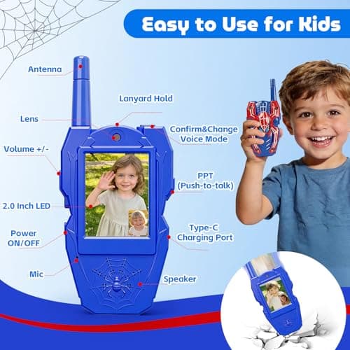 Video Walkie Talkies for Kids 2 Pack Rechargeable with Screen HD Camera &Voice Changer, 1000FT Long Range 2 Way Radio Toys Indoor Outdoor Camping Hiking Toys Birthday Gifts, Spider for Boys Girls 3-12 - Thumbnail 2