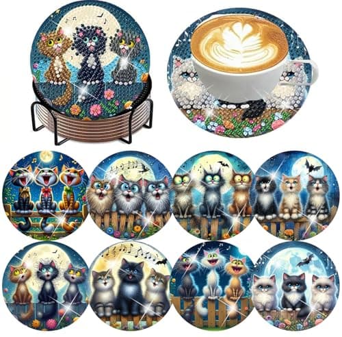 ijbnhd Cat Diamond Painting Coasters Kits, 8 Pieces Cat Diamond Art Coasters with Holder, DIY Art kit for Beginners 4X4inch (Cork Wooden Pad)