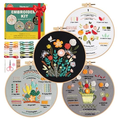 Meyocky Embroidery Kit for Beginners, 4 Pack Starter Embroidery Kits for Adults Learn 31 Stitches with Simple Patterns, Step-by-Step Video Stitch Practice Sampler Kit,Gift for Women Craft Lovers - Image 1