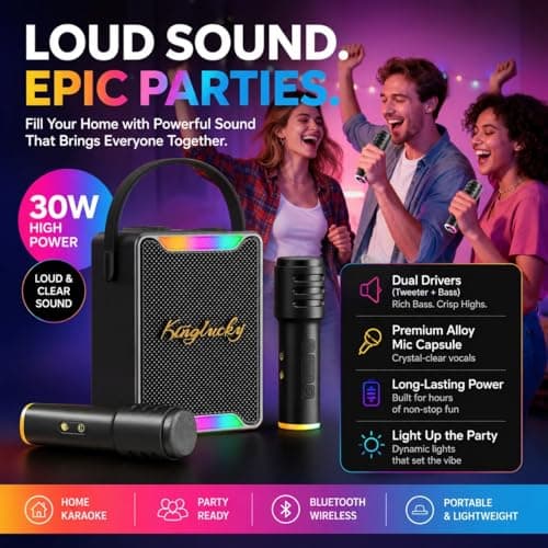 Portable Karaoke Machine for Kids Adults, Singing Machine Karaoke with 2 Wireless Microphones for Home Outdoor, Bluetooth 6.0, Voice Changer LED Lights Party Entertainment, Gift for Women Men Kids - Thumbnail 2
