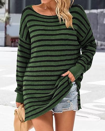 KIRUNDO Women's 2026 Fall Winter Oversized Long Sleeve Striped Sweater Casual Crewneck Side Split Pullover Knit Tops(Dark Army Green, Large) - Thumbnail 2