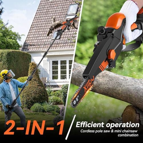 2-in-1 Cordless Electric Pole Saw & 8 Inch Mini Chainsaw, 15FT Max Reach, Adjustable Cutting Head, 2×21V Batteries, Automatic Lubrication, Tool-Free Tension Tree Trimmer Pruner for Branch Cutting - Thumbnail 2