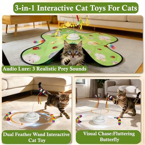 VEHICAR Interactive Cat Toys for Indoor Cats, 3-in-1 Interactive with Fluttering Butterfly Moving Concealed Feathers 3 Prey Sounds, Rechargeable Touch Activated for Bored Indoor Adult Cats Kittens - Thumbnail 2