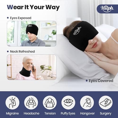 Hilph Adjustable Migraine Relief Cap with Thickened Gel Cold Compress, Headache Relief Cap, Face Cooling Mask Gel Head Wrap for Tension, Stress & Hangover, Soothing Gifts for Women Men Black - Thumbnail 3