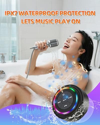 Waterproof Bluetooth Shower Speaker, Portable Wireless Speaker with Suction Cup, Small Portable Wireless Outdoor Speakers, 6 Mode RGB Lights, for Shower Bathroom Pool Beach, Gift Ideas for Christmas - Thumbnail 2