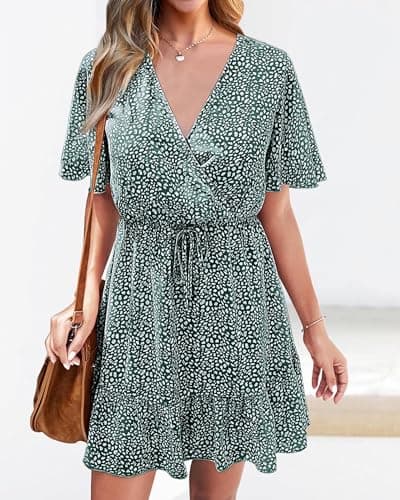 KIRUNDO Womens Summer Dresses 2026 Casual Spring Short Sleeve V Neck Ruffle Floral Print High Waist Belted Flowy Mini Dress(Dark Green, Small) - Thumbnail 3