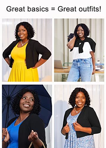 AusLook Plus Size Bolero Shrugs for Summer Dresses 3/4 Sleeve Black 4X Open Front Knit Lightweight Coat Cropped Tops Shawls and Wraps Cardigan Dressy Sweater Clothes - Thumbnail 4