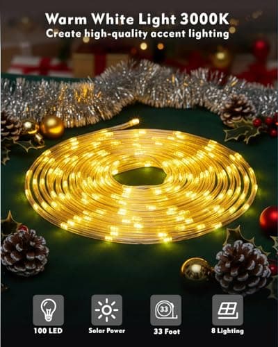 Solar Rope Lights, 33FT 100LED String Lights Outdoor, 8 Lighting Modes Solar Powered Rope Lights for Christmas Easter Party Holiday Tree Decoration, Warm White - Thumbnail 5