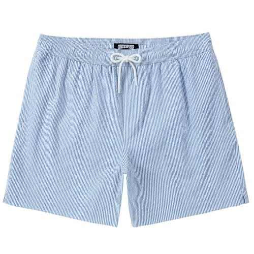 CoozySphere Men's Swim Trunks 7 inch Seersucker Swimming Trunks for Men Bathing Suit Beach Shorts Blue and White Striped L - Image 1