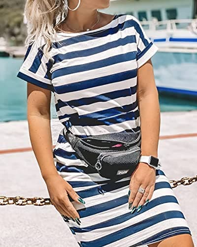 PRETTYGARDEN Women's Summer Short Sleeve Crewneck Striped Dress Basic Solid Tie Waist Office T Shirt Dresses Pockets(Stripe Navy,Small) - Thumbnail 2