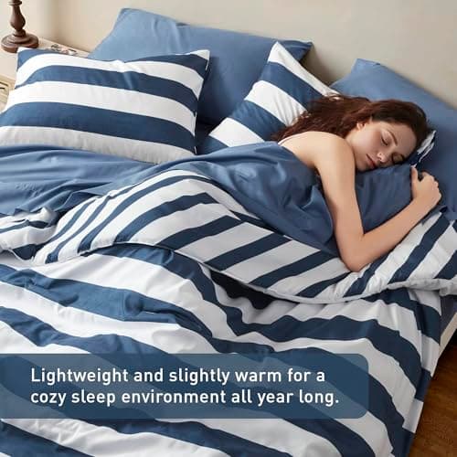 Reversible Striped Full Comforter Set-Bed in A Bag 7-Pieces Bedding Set with Double-sided Stripes Design-Warm & Cozy Bed Set Includes Full Size Comforter, Sheets Set, Pillowcases and Shams, Navy - Thumbnail 4