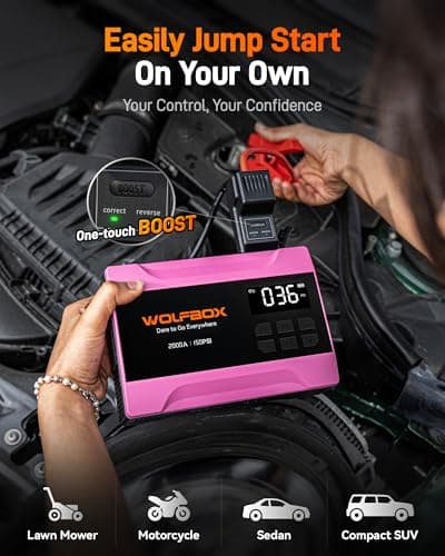 WOLFBOX 2000A Jump Starter with Air Compressor, 37Wh Car Battery Booster Jumper Starter Portable(up to 5L Gas Engine), 12V Jump Box Pack with 150PSI Tire Inflator, Jumper Cables, LED Light — Hot Pink - Thumbnail 3