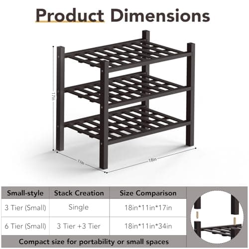 Haddockway Small 3 Tier Bamboo Shoe Rack Storage Organizer, Multifunctional Free Standing Stackable Shoe Shelf with Grid Panel for Closet,Hallway,Entryway,Small Space 18"x11"x17" - Thumbnail 3