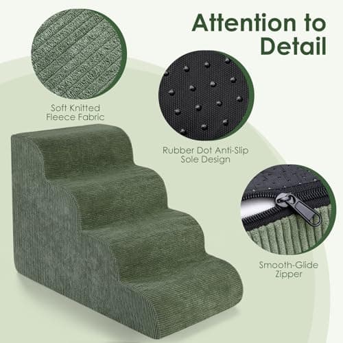 Olaivy Dog Stairs for Bed 17.7" H, 4-Step Dog Ramp for Aged and Injured Dogs, Up to 50 Lbs Foam Pet Stairs for Small Dogs and Cats to Get on Couch or Chair, Non-Slip, Steady, Washable Cover, Green - Thumbnail 4
