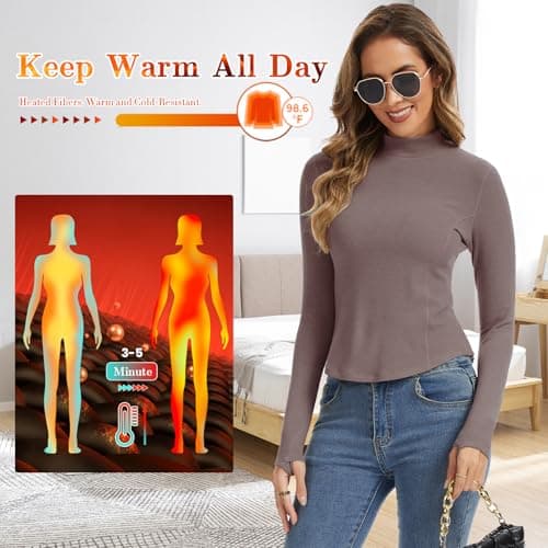 Thermal Shirts for Women Long Sleeve Fleece Tops Running Workout Compression Base Layer Cold Weather for Ski Berry Red - Thumbnail 5