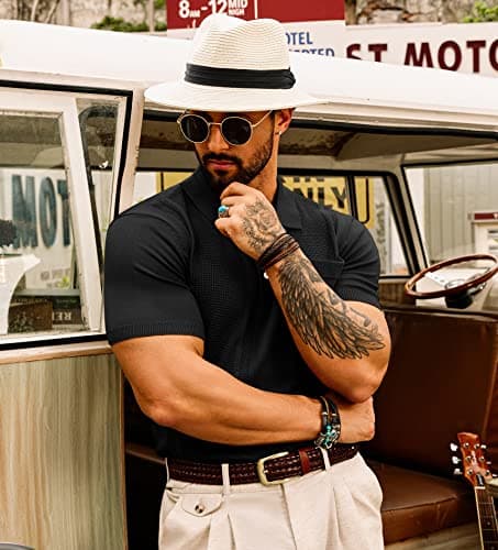 Golf Polo Shirts for Men Short Sleeve Lapel Collar Textured Knitting Polo Shirts Casual Tee Shirts Tops Black M - Thumbnail 3