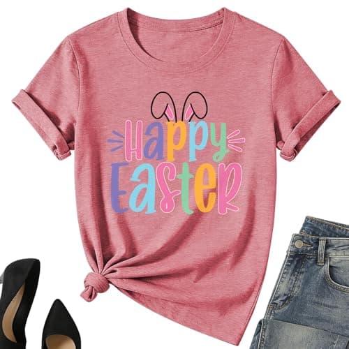 Happy Easter Shirt for Women-Funny Easter Rabbit Tee Tops Cute Colored Bunny Short Sleeve - Image 1