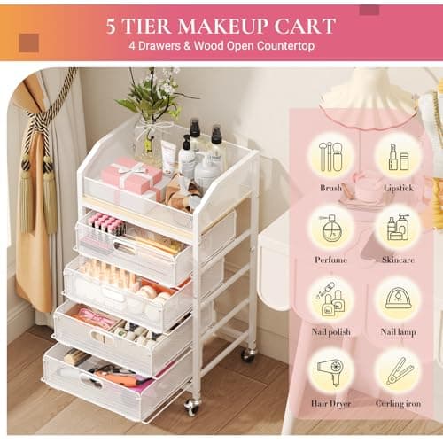 Goovilla Rolling Makeup Organizer Cart with Drawers, 5 Tier Metal Floor Skincare Vanity Organizers with Lockable Wheels, Make Up Storage Cart for Cosmetics Display, Nail Polish, Perfume, White - Thumbnail 2