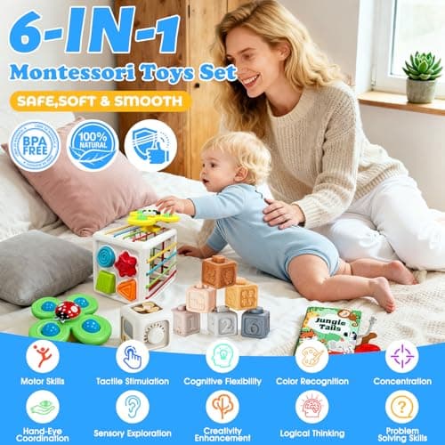 6 in 1 montessori baby toys for 6-36 months old-incl Busy Cube,stacking cups,Shape Sorting Bin,baby blocks,crinkle books, suction cups spinners,Sorting Learning Sensory Toys Gift for Babies Aged 1-3 - Thumbnail 2