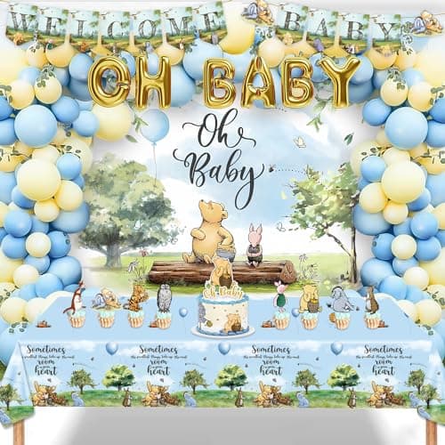131 Pcs Classic Bear Baby Shower Oh Baby Balloons, Vintage Boy Baby Shower Decorations, Classic the Pooh Backdrop Tablecloth Cake Topper for Newborn Birthday Shower Decorations - Image 1