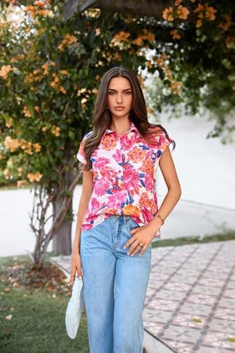 GRACE KARIN Floral Eyelet Spring Summer Tops for Women,2026 V Neck Dressy Casual Shirts,Boho Button Down Short Sleeve Blouses Rose Red L - Thumbnail 3