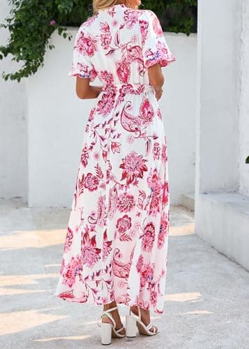 KIRUNDO Women Spring Summer Wedding Guest Boho Floral Maxi Dress Puff Sleeve Button Shirt V Neck Flowy Beach Vacation Dress(Floral White Rose Red, Medium) - Thumbnail 2