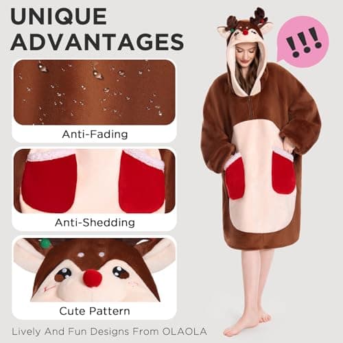 OLAOLA Reindeer Wearable Blanket Hoodie for Adult, Oversized Animal Hooded Blanket with Pockets & Sleeves, Soft Sherpa Reindeer Style Sweatshirt Comfy for Birthday Gifts - Thumbnail 2