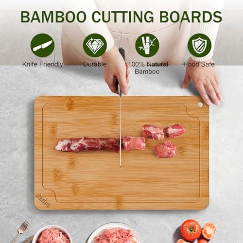 Bamboo Cutting Boards for Kitchen, 2-Piece Wood Cutting Board Set with Juice Grooves & Built-in Handles, Easy Storage & Clean Chopping Board for Meat, Vegetables, Fruit - Thumbnail 4