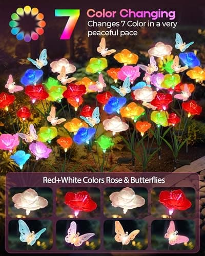 Cujemy Solar Garden Lights Outdoor Waterproof 2 Pack Swaying Butterfly Light with 7- Color Changing Rose Flowers Solar Lights for Outside Garden Decor Lawn Yard Patio Path,Gifts for Mother's Day Women - Thumbnail 3
