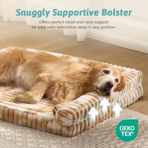 COZY KISS Ultra Soft Faux Rabbit Fur Dog Bed for Large Dogs – 44"x32" Orthopedic Foam Couch, Removable Washable Cover & Waterproof Lining, Tie-Dye Brown - Thumbnail 4