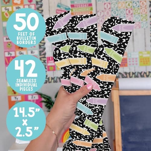 50ft Bulletin Board Borders Trim - Classroom Borders for Bulletin Board Decorations, Teacher Supplies for Classroom Decor Preschool, Kindergarten & Elementary, Crayon Scalloped Boarders - Thumbnail 4