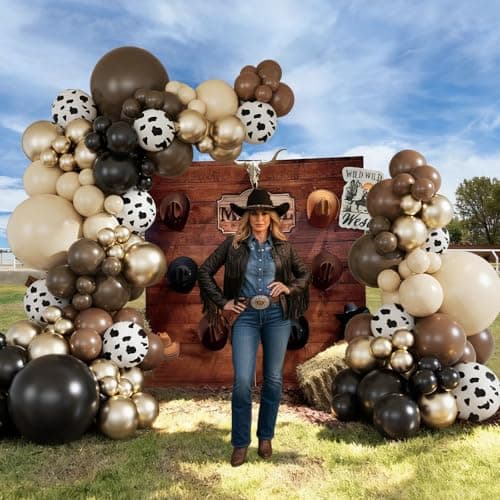 JOYFLOAT Western Cowboy Brown Balloon Garland Arch Kit, Neutral Gold Dusty White Cow Print Balloons for Western Baby Shower Decorations Birthday Farm Wild West Cowgirl Party Decoration - Thumbnail 5