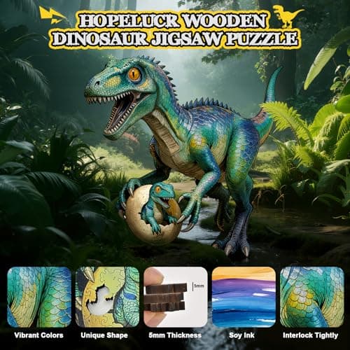 Wooden Puzzle for Adults, Dinosaur Jigsaw Puzzle for Adults, 200 Piece Unique Animal Shaped Wooden Puzzles, Challenging Dino Puzzles for Kids Family Game Night, Creative Gift Idea Wall Decor 10.8*11in - Thumbnail 2