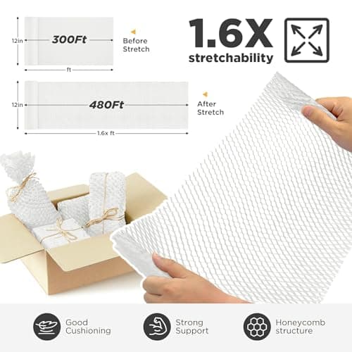 Honeycomb Packing Paper, 12"x300' White | Perforated Honeycomb Packing Paper Recyclable Moving Supplies for Shipping & Moving | Plastic-Free Alternative to Bubble Cushion Wrap with 36 Fragile Stickers - Thumbnail 3
