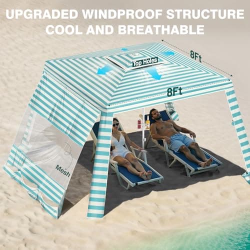 Rhino Valley Beach Cabana, 8 * 8FT Beach Tent UPF50+ Protection, Easy Setup Beach Canopy Wind Resistant with Cup Holder, Compact Beach Shade Foldable Beach Tent Sun Shelter, Light Blue Stripes - Thumbnail 2