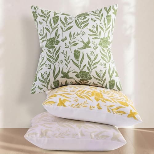 decorUhome Floral Throw Pillow Covers 20x20 Inch Set of 2, Sage Green Vintage Block Print Linen Spring Pillow Covers, Rustic Neutral Toile Farmhouse Decorative Square Pillowcases for Couch Sofa - Thumbnail 3