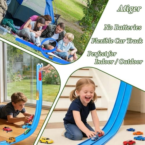 Easter Basket Stuffers for Kids - Flex Tracks 16.4 Ft Starter Set Flexible Race Track for Kids, Race Car Ramp Track Compatible with Hot Wheels and Diecast 1/64th Cars with Strong Suction Cups (Blue) - Thumbnail 3