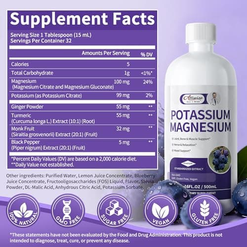 Potassium Magnesium Supplement Liquid-High Absorption Calm Magnesium&Potassium Drops Sugar-Free Plus Ginger,Turmeric,Black Pepper for Muscle,Leg Cramps,Bone & Energy & Immune Support - 16 Fl oz - Thumbnail 3