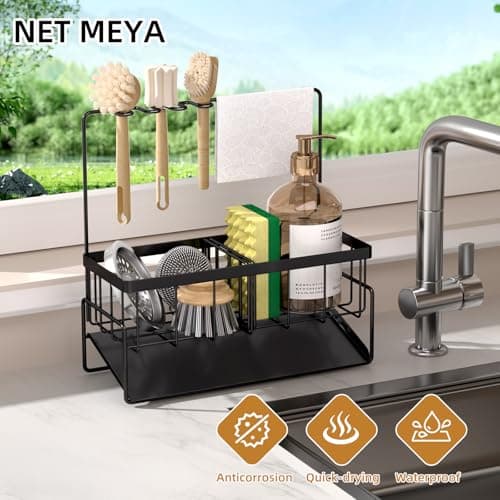 NAT MEYA Sponge Holder for Kitchen Sink,Stainless Steel Sink Caddy With Brush Holder and Dishcloth Holder,Sink Oragnizer Kitchen Countertop Dish Soap Dispenser Set,Multifunctional Sink Organizer Caddy - Thumbnail 5