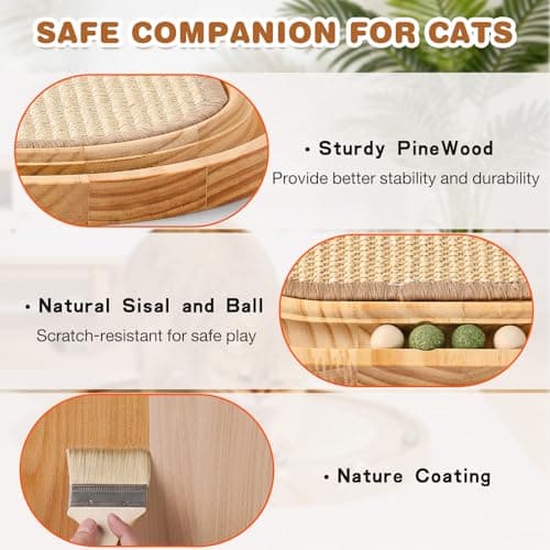 Petjoyi Upgraded Oval Sisal Cat Scratcher with Ball Track - Heavy-Duty Woven Scratching Pad, Interactive Cat Toy with 3 Balls, Extra Durable Wooden Base, 17" L x 13" W x 1.2" H - Thumbnail 3