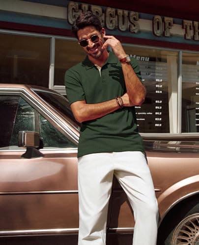 PJ PAUL JONES Mens Casual Shirts Fashion Textured Polo Shirts Lightweight Knit Polo Tees Shirt Short Sleeve Army Green XXL - Thumbnail 3