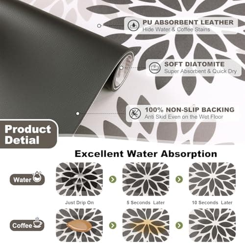 Findosom Floral Dish Drying Mat, 12" x 20" Super Absorbent & Hide Stain Coffee Mat, Cuttable Drying Mat for Kitchen Counter, Under Dish Rack, Coffee Maker, Espresso Machine, Dark Gray - Thumbnail 3