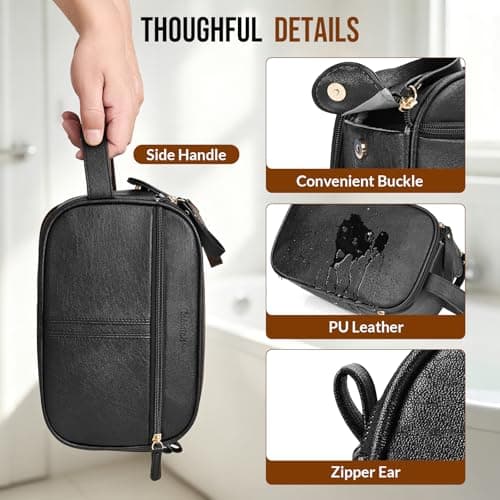 Celvetch PU Leather Toiletry Bag for Men, Water Resistant Travel Toiletry Organizer for grooming, Shaving Bag for Toiletries Accessories, Bathroom Essentials - Black - Thumbnail 6