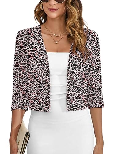 Heymoments Women's Thin Shrugs for Dresses Leopard X-Large Open Front 3/4 Sleeve Lightweight Coat Cropped Tops Shawls and Wraps Cardigan Dressy Clothes - Image 1