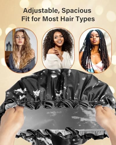 mikimini Large Shower Cap for Women Men Reusable Waterproof, Double Layer Adjustable Hair Cap with Elastic Band for Long Hair & Braids - Classic Black and White Design - Thumbnail 5