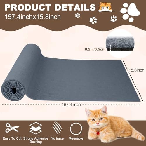 Cat Scratch Furniture Protector, 157.4"x15.8" Cat Scratching Mat, Trimmable Self-Adhesive Cats Claws Scratch Pads, DIY Carpet Mat Replacement for Cats Tree, Cats Wall Shelves, Grey - Thumbnail 2